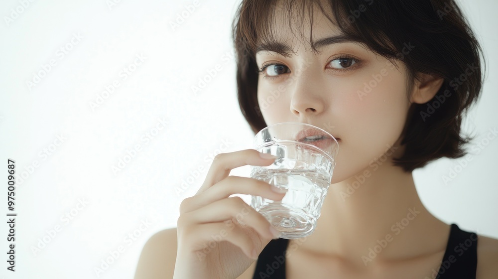 A beautiful Japanese woman is drinking water from a glass, against a white background, A beautiful Japanese woman is drinking water from a glass, against a white background,