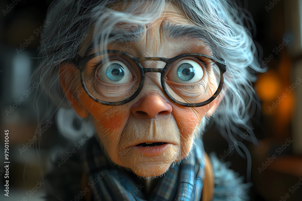 An elderly woman with round glasses, rendered in a delightful 3D cartoon style, looks embarrassed as her cheeks flush pink, her posture slightly hunched An elderly woman with round glasses, rendered in a delightful 3D cartoon style, looks embarrassed as her cheeks flush pink, her posture slightly hunched