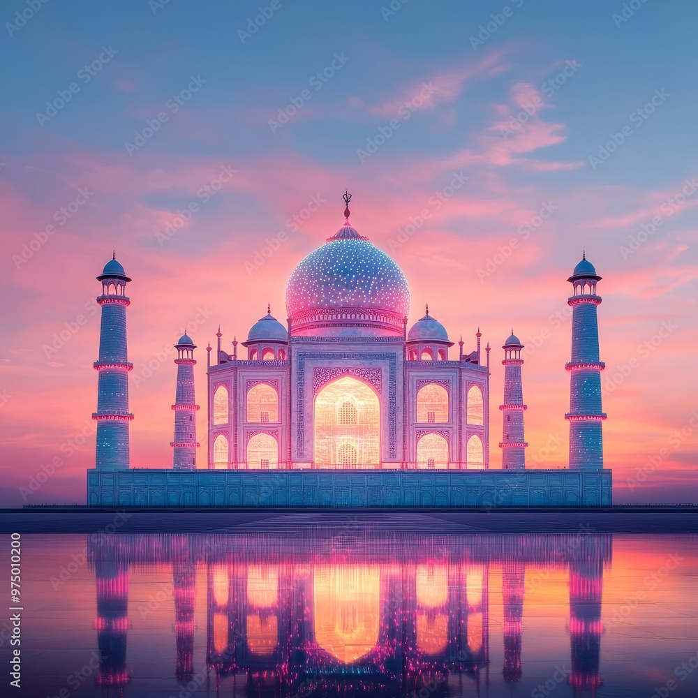 Fototapeta premium Digital Taj Mahal, glowing hologram, vibrant sunset, futuristic Agra