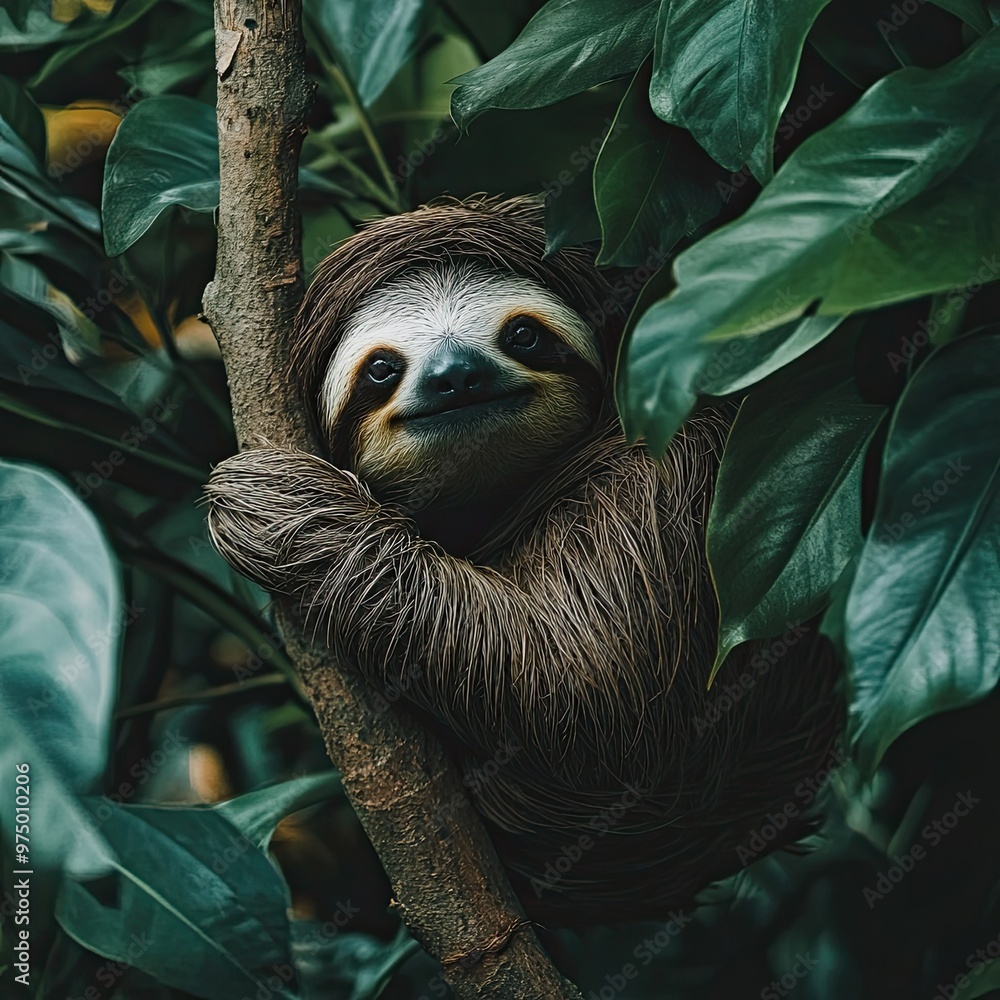 Fototapeta premium Charming Sloth Resting Among Leaves