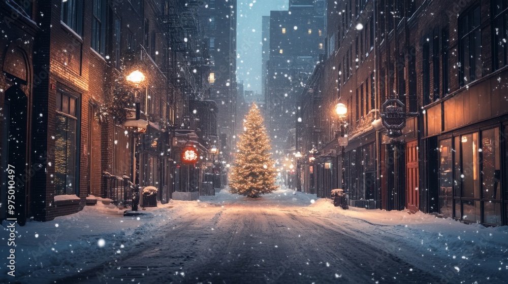 Snow Falling on a City Street with a Christmas Tree Snow Falling on a City Street with a Christmas Tree