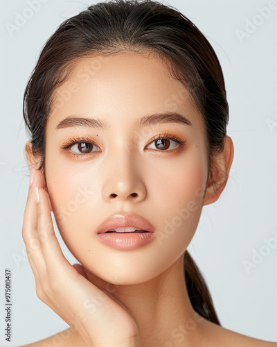 Asian Woman Applying Face Cream on Gray Background in Large Canvas Style photo