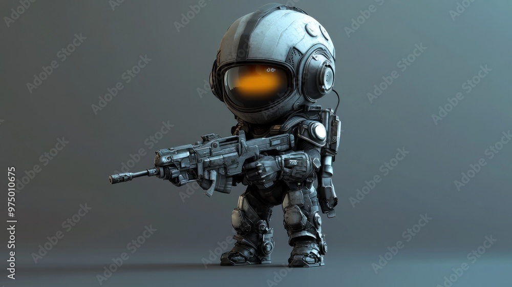 A small, futuristic soldier in a white and gray suit, holding a gun, is shown against a gray background. A small, futuristic soldier in a white and gray suit, holding a gun, is shown against a gray background.