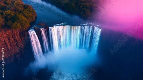 Digital Victoria Falls, holographic spray, neon river, futuristic Zimbabwe and Zambia