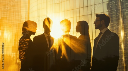 Five people in business suits stand, looking out the office window at sunset. The image is a double exposure photo inside a concept office of employment