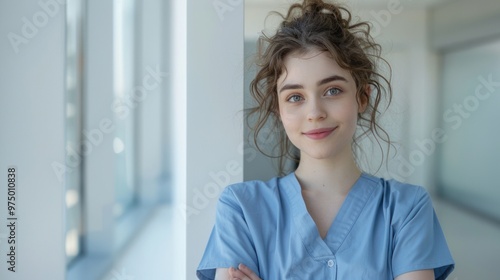 Free Download Smiling young female medical worker with wavy hair, wearing blue medical uniform, crossing her arms standing in hospital corridor. - GFXLoad