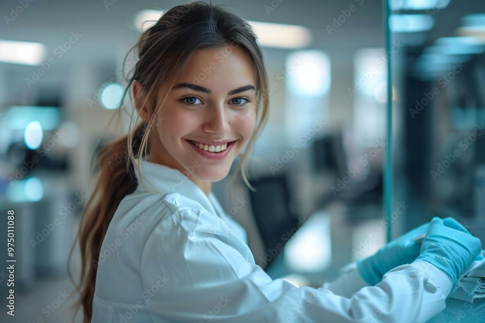 happy maid in uniform cleaning a glass desk in a professional office setting. happy maid in uniform cleaning a glass desk in a professional office setting.