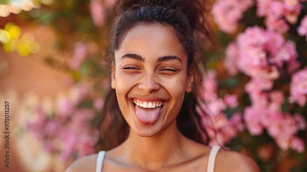 Young lady with dark hair making funny face sticking out tongue against blossoming branches. Young lady with dark hair making funny face sticking out tongue against blossoming branches.