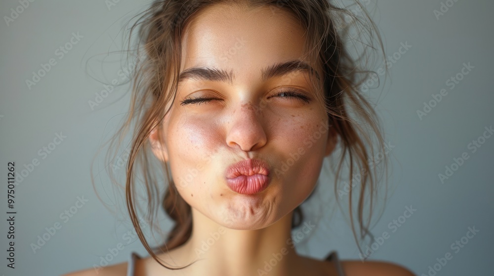 Cute young lady making funny face winking and pouting lips on grey background. Cute young lady making funny face winking and pouting lips on grey background.