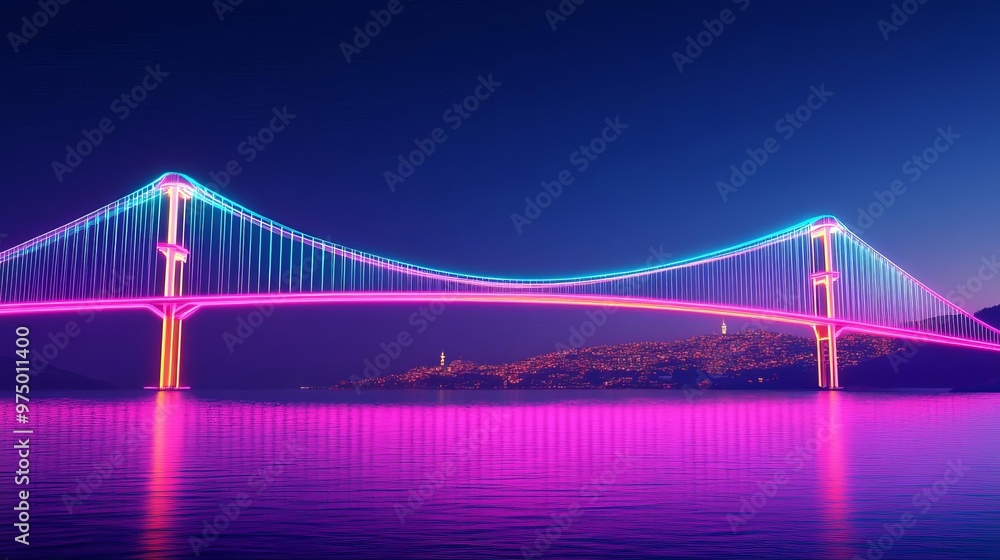 Fototapeta premium Hologram Bosphorus Bridge, digital glow, neon Istanbul, futuristic Turkey
