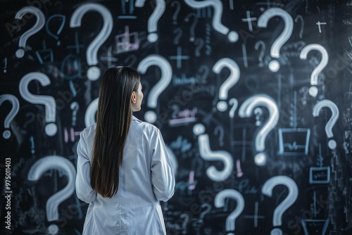 Female doctor standing in front of blackboard covered in question mark signs, deep in contemplation and searching for answers in healthcare.