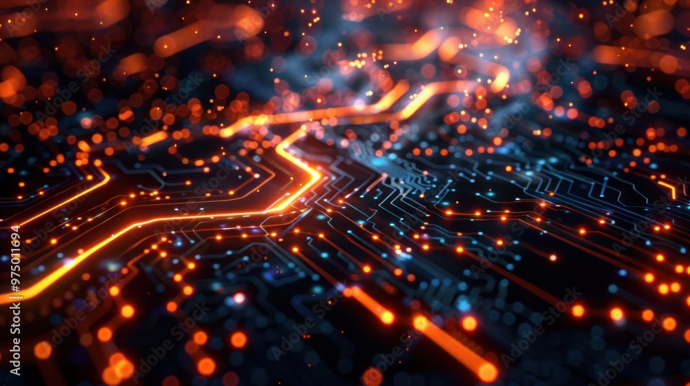 Digital board with glowing orange and red lights creating a pattern of lines and shapes, desktop background. Digital board with glowing orange and red lights creating a pattern of lines and shapes, desktop background.