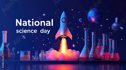 the 3d graphic banner of the national science day  on dark blue space background  photo