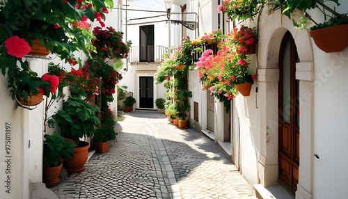 Enchanting Black and White Alley adorned with Blooming Plants in Polignano a Mare, Puglias Architectural Beauty photo