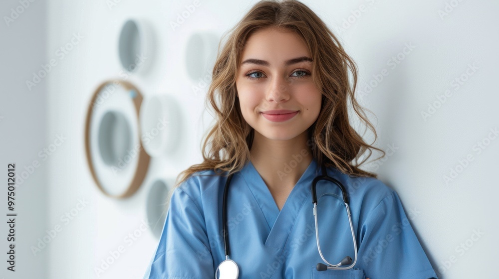 Young female doctor in blue uniform with stethoscomposite on neck smiling and looking at camera leaning against wall. Young female doctor in blue uniform with stethoscomposite on neck smiling and looking at camera leaning against wall.