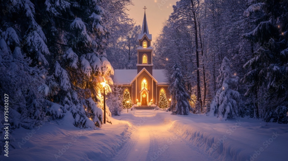 Illuminated Church in a Snowy Winter Forest at Dusk Illuminated Church in a Snowy Winter Forest at Dusk