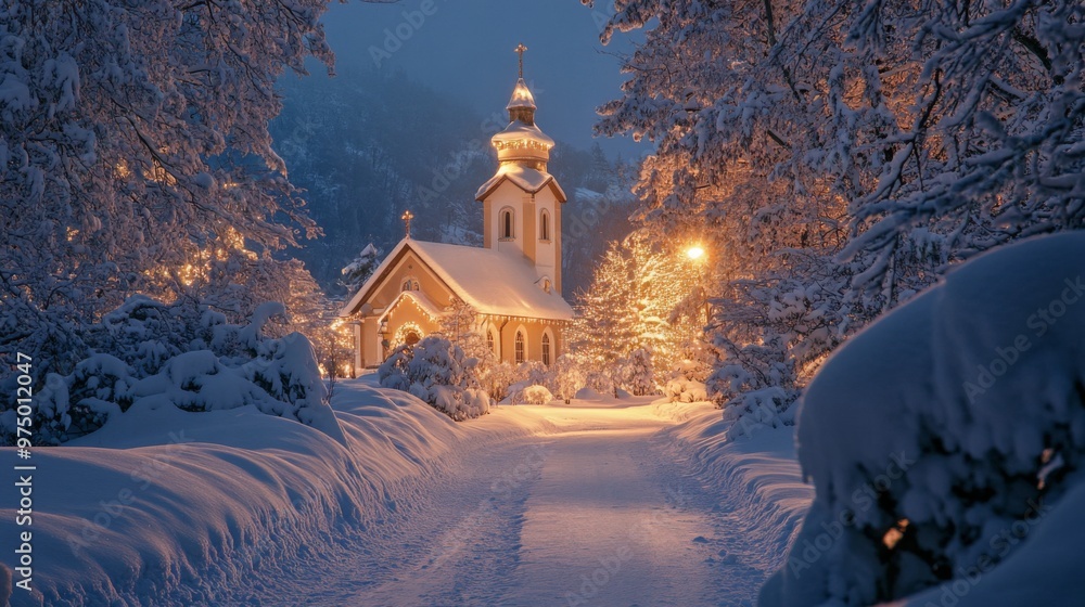 Snowy Church Path with Illuminated Trees at Night Snowy Church Path with Illuminated Trees at Night