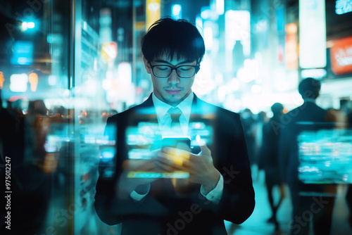 A Chinese man in glasses using a phone, immersed in digital technology and business, with a global information network concept in the background