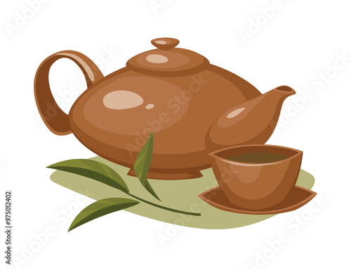 Kettle tea leaves and mug with green leaf decoration vector illustration