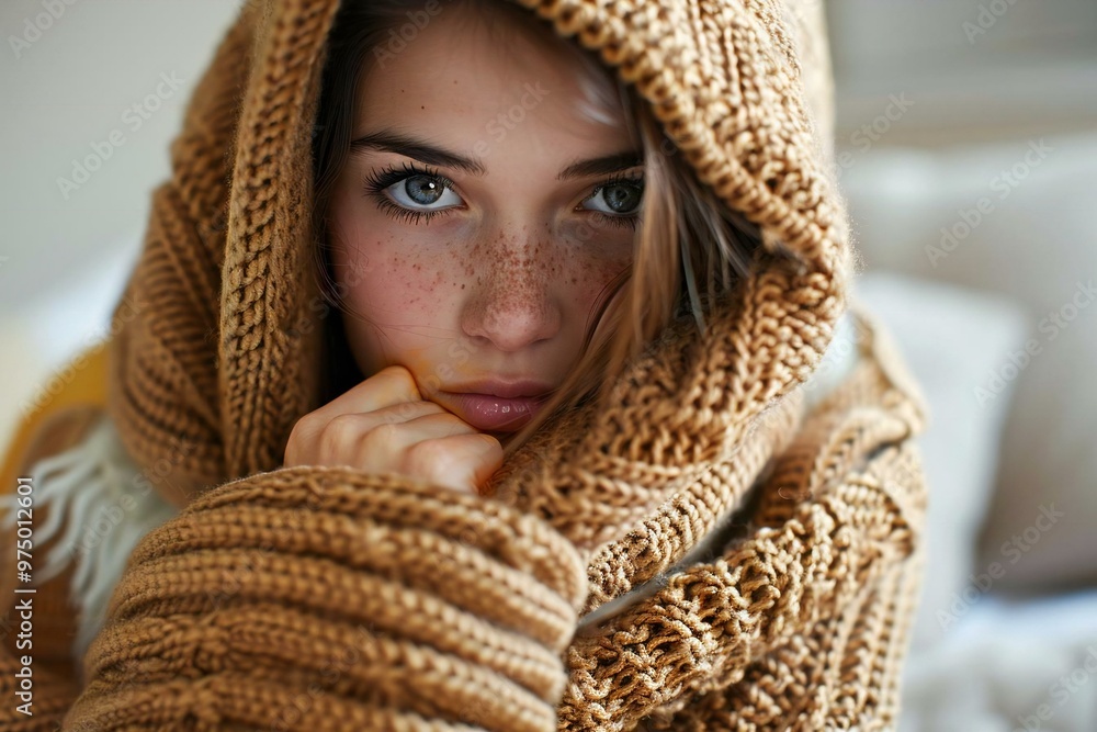 close-up shot of a young woman wrapped in a blanket, looking cold and unwell, sitting in her room at home. close-up shot of a young woman wrapped in a blanket, looking cold and unwell, sitting in her room at home.
