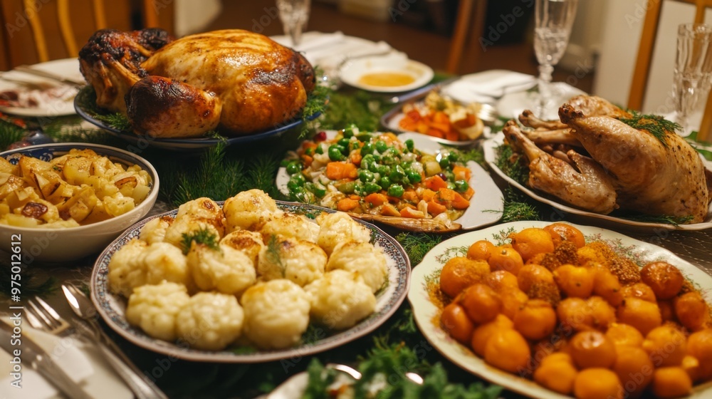 Roasted Turkey and Side Dishes on a Festive Table Roasted Turkey and Side Dishes on a Festive Table