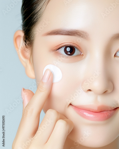 Asian Woman Applying Face Cream on Gray Background in Large Canvas Style