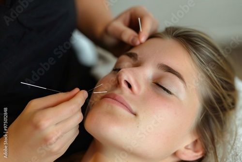 Close-up of young woman with eyes closed receiving acupuncture treatment.