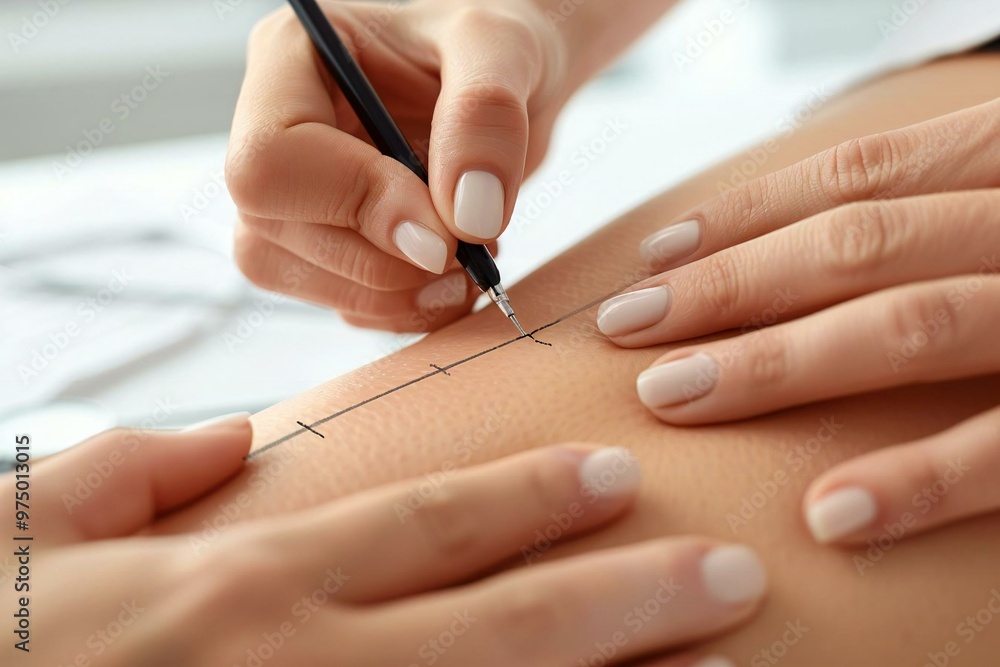 Close-up shot of a person's hand drawing lines on a woman's thigh for cellulite correction procedure. Close-up shot of a person's hand drawing lines on a woman's thigh for cellulite correction procedure.