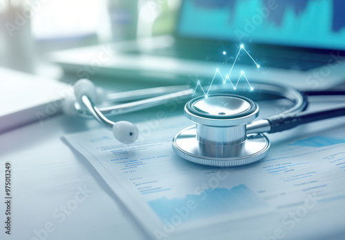 illustration of ai data technology with medical healthcare business in hospital  with graphic of datas in dark blue background 