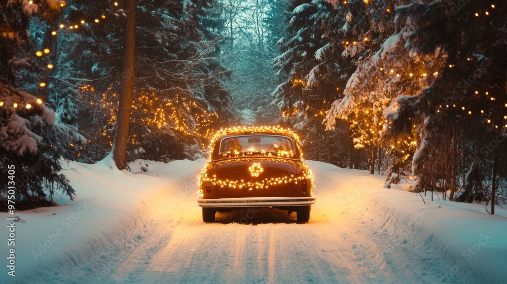A Classic Car Adorned with Lights Driving Through a Snowy Forest A Classic Car Adorned with Lights Driving Through a Snowy Forest