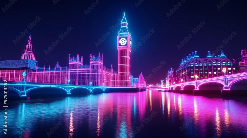 Fototapeta premium Holographic Big Ben, augmented reality clock tower, neon Thames river, futuristic London
