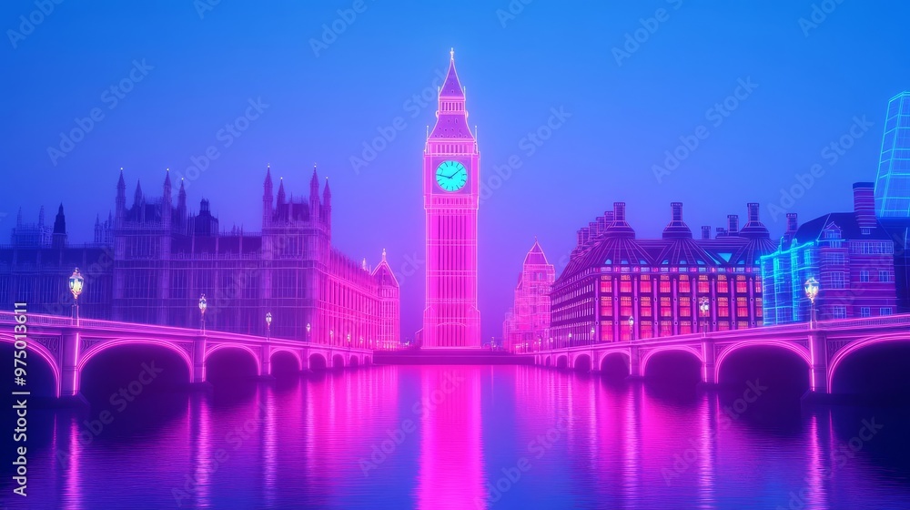 Holographic Big Ben, augmented reality clock tower, neon Thames river, futuristic London Holographic Big Ben, augmented reality clock tower, neon Thames river, futuristic London