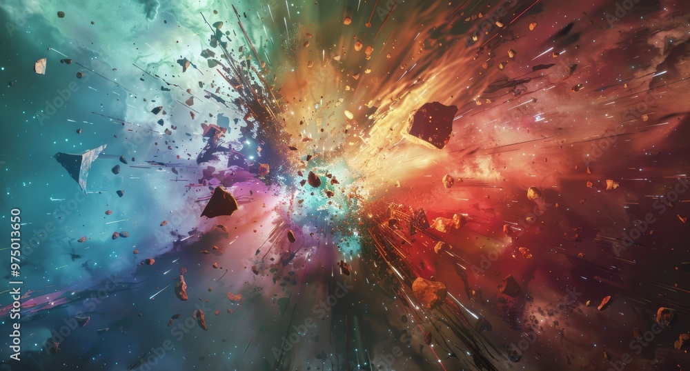 Shattered Cosmic Explosion of Colorful Stars and Nebulae in Vibrant Abstract Galactic Landscape Shattered Cosmic Explosion of Colorful Stars and Nebulae in Vibrant Abstract Galactic Landscape