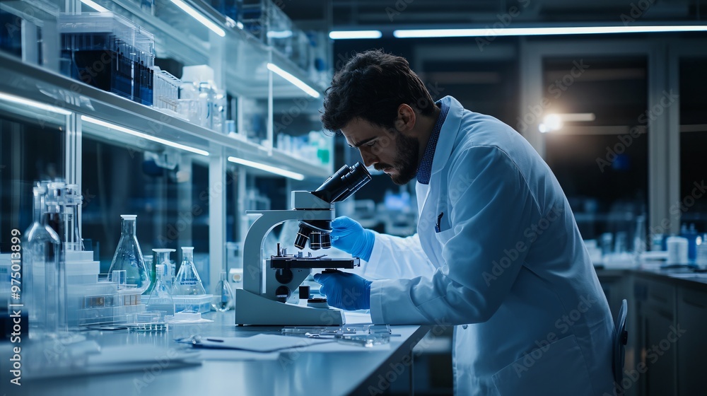 scientist in a lab coat analyzing samples under a microscope in a modern laboratory, copy space scientist in a lab coat analyzing samples under a microscope in a modern laboratory, copy space
