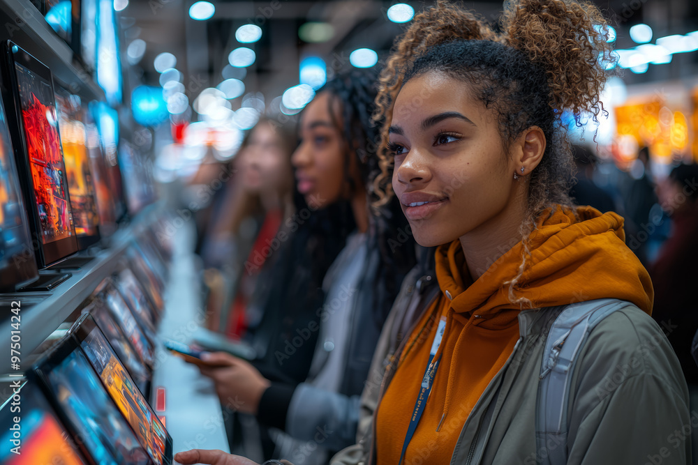 A group of friends excitedly examining discounted electronics at a busy store. Concept of technology deals and group shopping. A group of friends excitedly examining discounted electronics at a busy store. Concept of technology deals and group shopping.