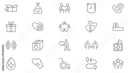 Volunteering line icon set. Care, help, donate, almsgiving, helping those in need, donation, contribution, humanism, altruism,  togetherness line icon set. UI thin line icon pack.