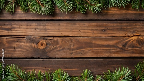 Green Pine Tree Christmas branches Wooden Background