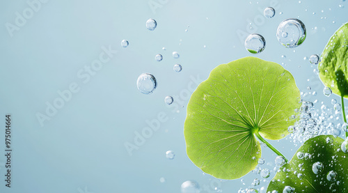 the round leaves in the clear blue water with bubbles 