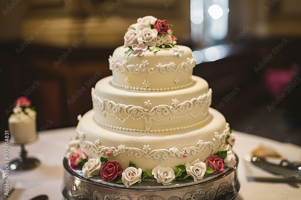 Delicious three tiered wedding cake decorated with icing and flowers, sitting on a silver tray Delicious three tiered wedding cake decorated with icing and flowers, sitting on a silver tray