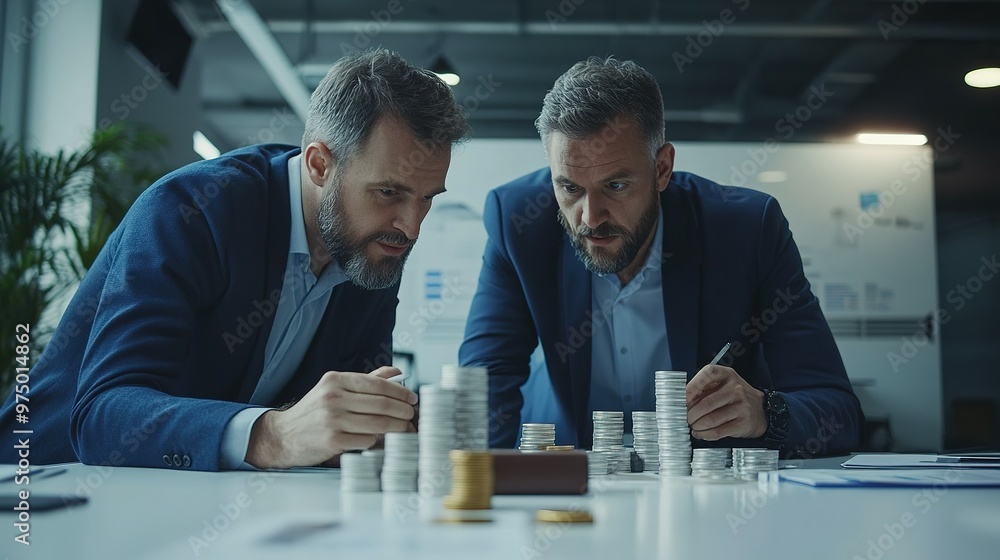 Fototapeta premium Two businessmen analyzing stacked coins and financial documents