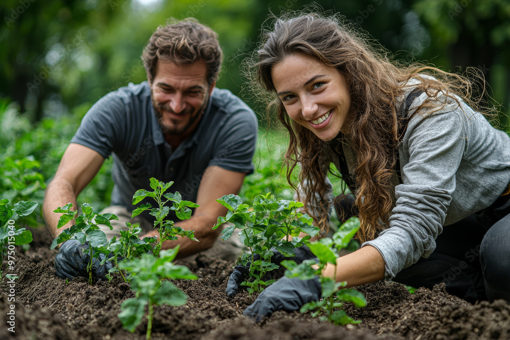 A couple planting a garden together, working side by side and smiling. Concept of teamwork and growth.