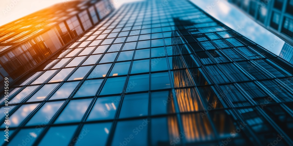 Obraz premium View from ground looking up at tall glass buildings reflecting the sky, representing modern architecture and urban life.