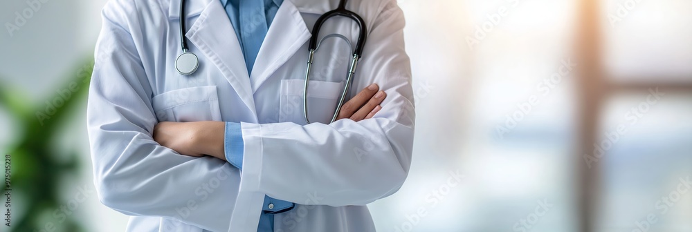 A confident doctor in a white lab coat standing with crossed arms, showcases professionalism and healthcare commitment. A confident doctor in a white lab coat standing with crossed arms, showcases professionalism and healthcare commitment.