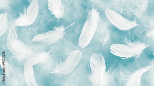 White feathers on light blue background, digital art style digital art composition featuring an arrangement of white feathers on a soft blue background, creating a beautiful and ethereal atmosphere