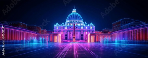 Holographic Vatican square, digital glow, neon Rome skyline