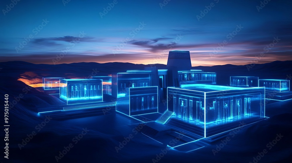 Virtual Abu Simbel, glowing holographic temples, desert backdrop, futuristic Egypt Virtual Abu Simbel, glowing holographic temples, desert backdrop, futuristic Egypt