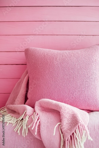 Soft pink pillow and matching knitted blanket on a pink background wooden wall in a cozy setting. photo