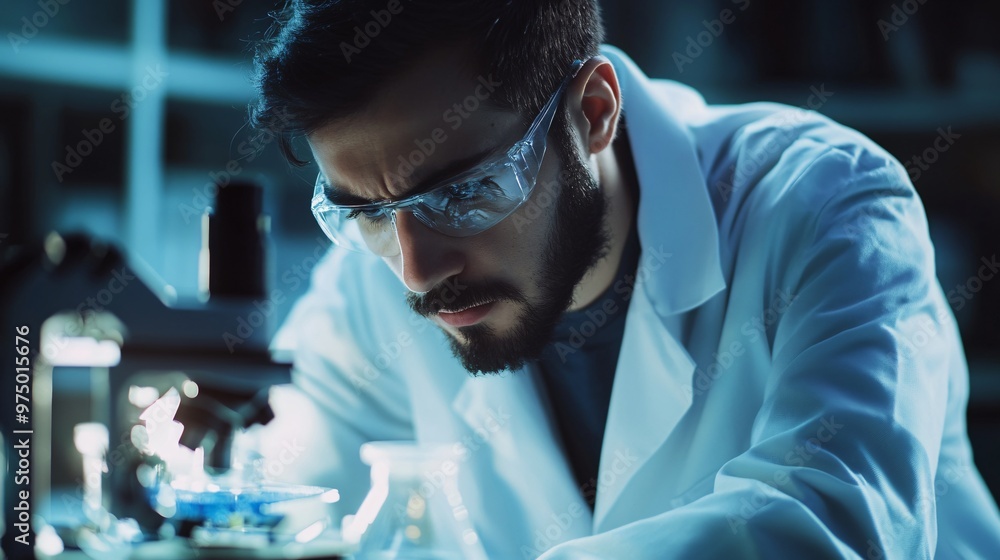 A scientist in a lab coat analyzing samples under a microscope in a modern laboratory, copy space A scientist in a lab coat analyzing samples under a microscope in a modern laboratory, copy space