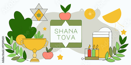 Minimalist Rosh Hashanah illustration with "Shana Tova" greeting, fruits, and symbolic elements
