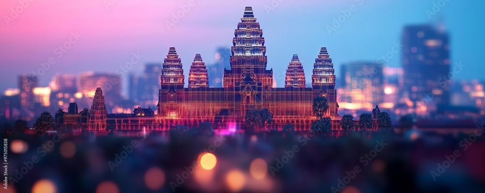 Obraz premium Virtual Angkor Wat at sunrise, glowing holographic temples, futuristic Cambodia